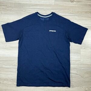 Patagonia Responsibili-Tee Shirt Graphic Logo Spell Out Blue Size Small